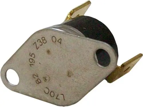 Thermosicherung von Bosch mit einem Metallrahmen und Anschlüssen. Die Komponente ist oval geformt und hat eine schwarze Kappe.